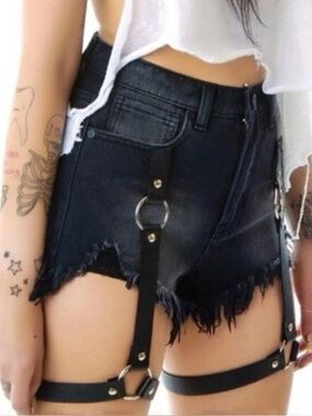 UNIF Black Distressed Denim Shorts with Harness Straps Krewella Style